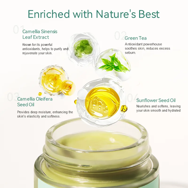 A skincare product featuring Camellia Sinensis leaf extract, green tea, Camellia Oleifera seed oil, and sunflower seed oil, showcasing natural benefits for the skin.